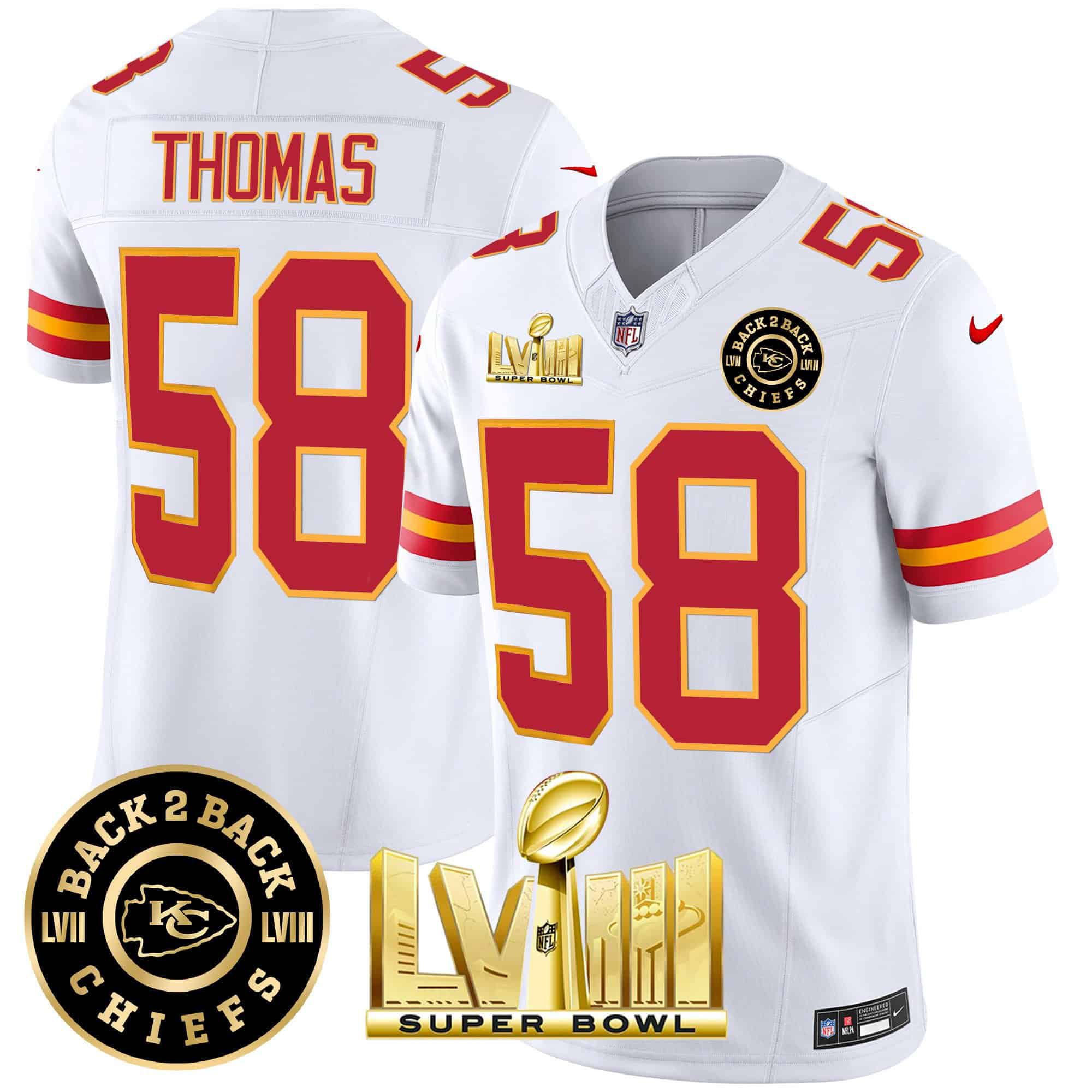 Men Kansas City Chiefs 58 Thomas White 2024 Nike Super Bowl LVIII & Back 2 Back Patch Vapor NFL Jersey